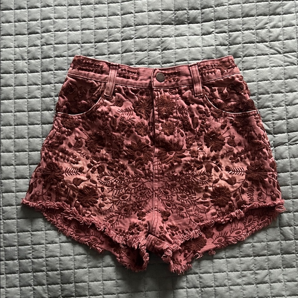 Free People High Waist Embroidered Burgundy Shorts